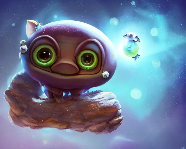 Image similar to 3D Fantasy Cute and adorable small alien piggy in space, huge adorable eyes, bright stars, Smooth 3D Illustration, soft render, Servando Lupini, Daniil Kudriavtsev, handpaint texture, Blender, 3DCoat