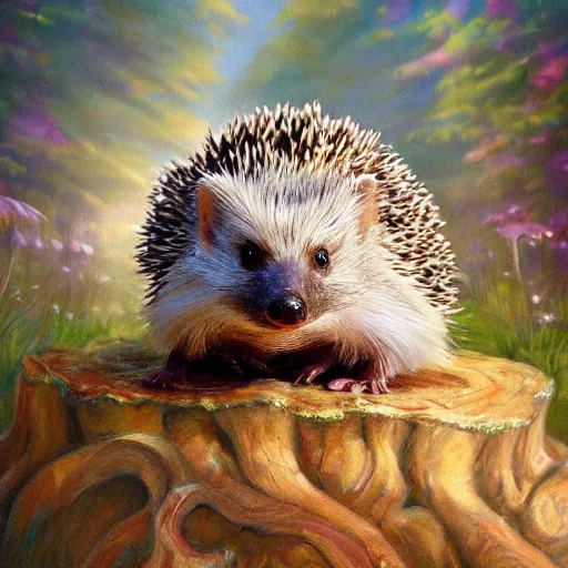 Prompt: Hedgehog in Wonderland, oil painting, artstation, highly detailed