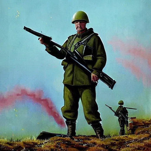 Image similar to Putin is sitting in the trenches and defending himself from Ukrainian troops, Retro futuristic painting style