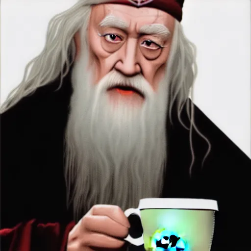 Image similar to Dumbledore sips coffee at Starbucks