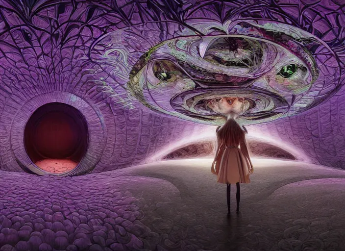 Image similar to vfx surreal 3 d portrait of alice from wonderland walking into a non - euclidean and infinite tunnel of evanescent hallucinatory images, reflections in endless mirrors, hyperdetailed, octane render, sharp focus, concept art, intricate by alex grey, greg rutkowski jeff soto and daniel merriam, dan mumford and pixar, nvidia raytracing demo