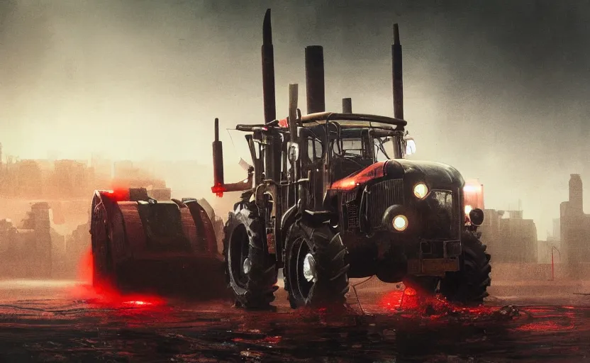 Image similar to a highly detailed beautifuly rendered, tractor that pulls a tank, thick dust and red tones, bladerunner, cyberpunk, lost city, hyper - realistic environment, epic concept art