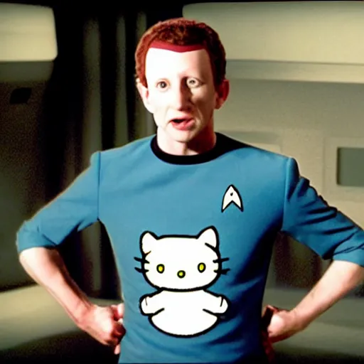 Image similar to mark zukerberg as Data from Star Trek wearing a hello kitty t-shirt, movie still from Star Trek