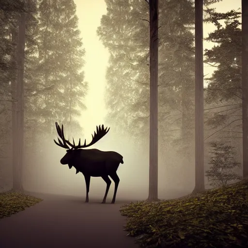 Image similar to shrek riding a moose in a dark forest, smoky, foggy, 8k, octane render,