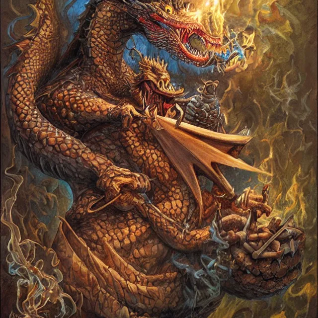 Image similar to artwork by Justin Gerard and Jeff Easley showing a dragon sitting on a volkano smoking his pipe