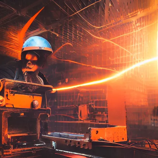 Image similar to cyborg toaster oven repairman, dark messy smoke - filled cluttered workshop, dark, dramatic lighting, orange tint, sparks, plasma rays, cinematic, highly detailed, sci - fi, futuristic, movie still, rule of thirds composition