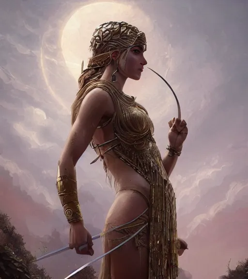 Image similar to aphrodite goddess wearing an arrow on her head, digital illustration, in the style of greg rutkowski, fantasy, amazing detail, epic, intricate, elegant, smooth, sharp focus