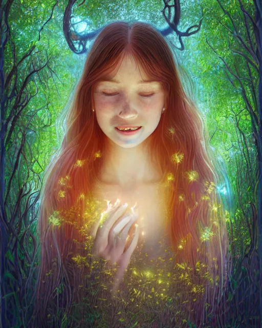 Image similar to infp girl, smiling, amazed by the lights of golden fireflies, sitting in the midst of nature fully covered, long loose red hair, intricate linework, dreamy green eyes, small nose with freckles, oval shape face, realistic, expressive emotions, dramatic lights, spiritual scene, hyper realistic ultrafine digital art by james jean and albert bierstadt and artgerm