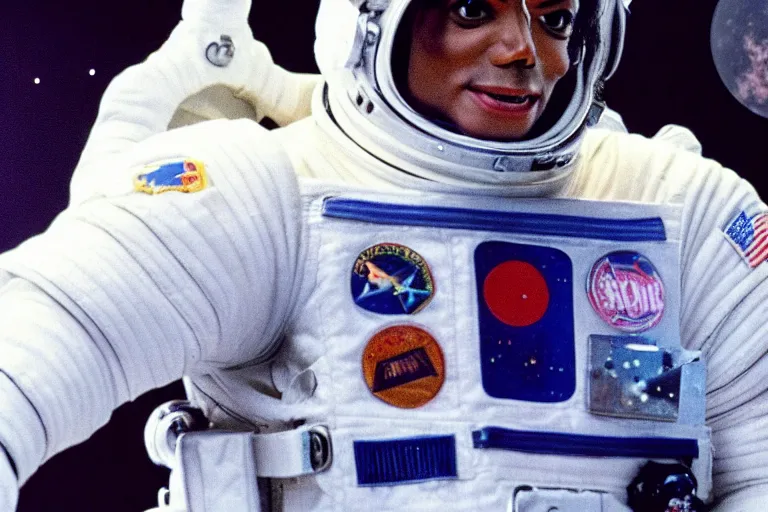 Image similar to michael jackson in space wearing space suite eyes closed
