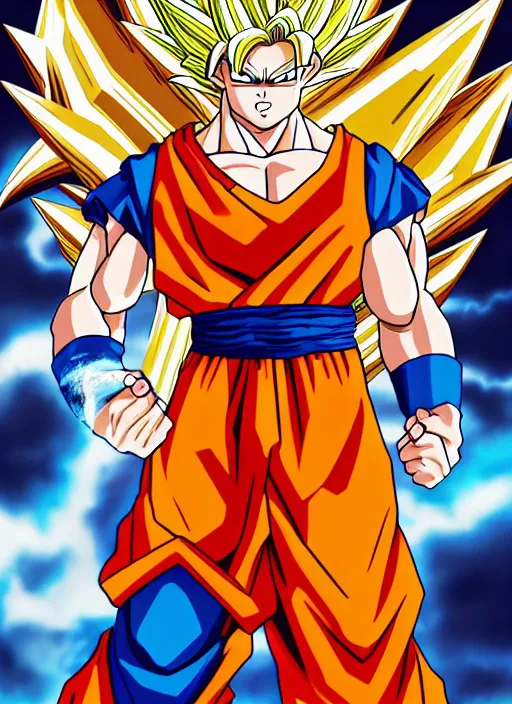 Image similar to a full portrait photo of super saiyan son goku, f / 2 2, 3 5 mm, 2 7 0 0 k, lighting, perfect faces, award winning photography.