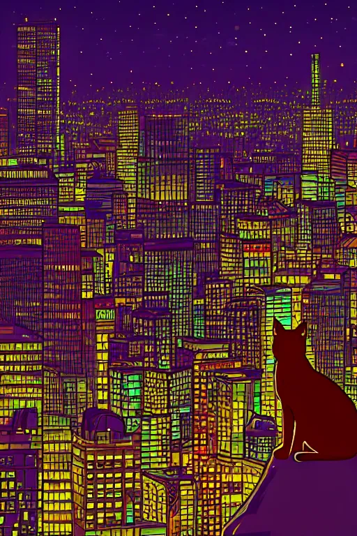 Image similar to cat overlooking bustling downtown city at night, pixel digital artstyle HD