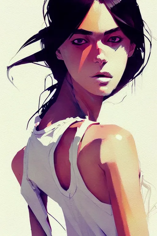 Image similar to a ultradetailed beautiful painting of a stylish woman with a white tank top, by conrad roset, greg rutkowski and makoto shinkai trending on artstation