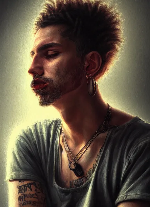 Prompt: a detailed painted portrait of an 9 0's era grunge musician by artist hadi karimi, wlop, artgerm, greg rutkowski, confident expression, dramatic lowkey studio lighting, accurate skin textures, hyperrealism, cgsociety, aesthetically pleasing and harmonious vintage colors