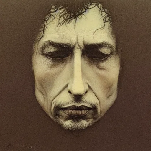 Prompt: profile photo of bob dylan by beksinski, trending on artstation