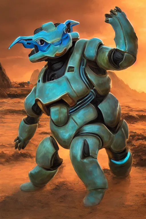 Image similar to blastoise pokemon playing as master chief, oil on canvas, intricate, 8 k highly professionally detailed, hdr, cgsociety