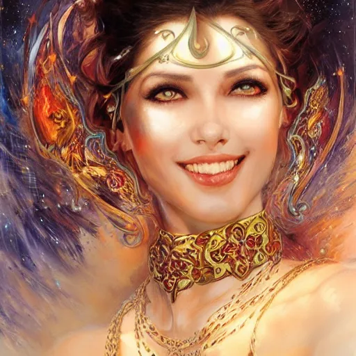 Image similar to a beautiful arabian woman by karol bak, ayami kojima, artgerm, arabian beauty, blue eyes, smile, concept art, fantasy