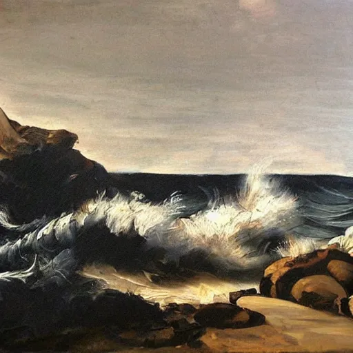 Prompt: oil painting of a wave crashing on the rocks in the style of caravaggio