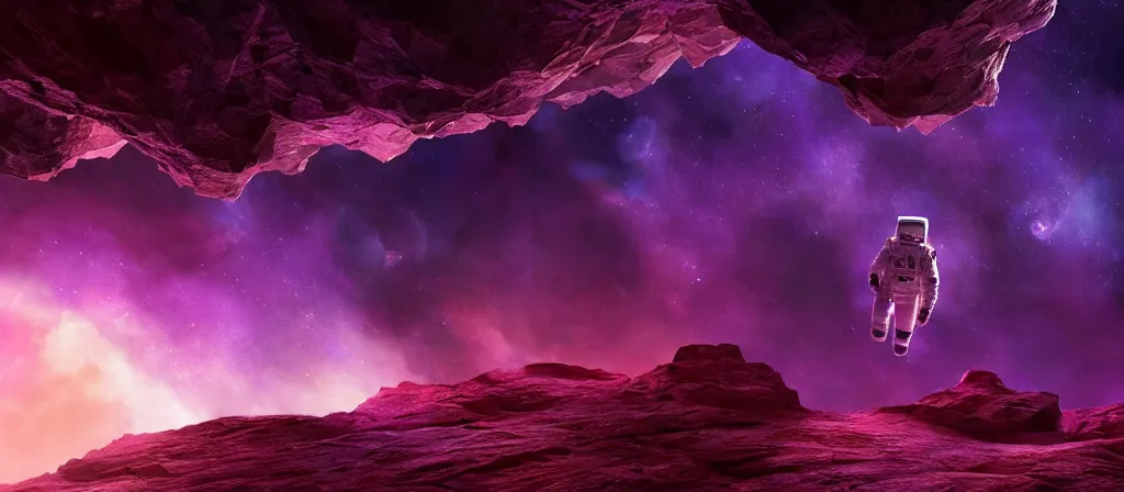 Image similar to astronaut on purple [ [ [ crystal ] ] ] caves, amethyst, beautiful dynamic lighting, nebula sky, cinematic, wide angle establishing shot, extremely high detail, photo realistic, cinematic lighting, matte painting, interstellar, greg rutkowski, roger deakins