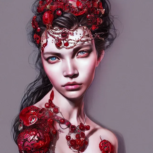 Prompt: studio portrait of absurdly beautiful, elegant, young woman made of rubies and red gems, ultrafine hyperrealistic detailed face illustration by kim jung gi, irakli nadar, intricate linework, sharp focus, bright colors, matte, octopath traveler, final fantasy, unreal engine highly rendered, global illumination, radiant light, intricate environment