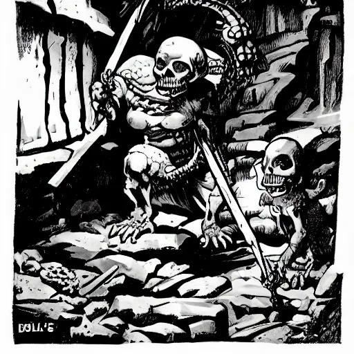 Prompt: A kobold skulks about in a cave. Dark Fantasy, Film Noir, Black and White. High Contrast, Mike Mignola, D&D, OSR
