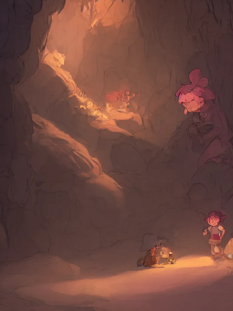 Image similar to lit child, in a dark cave, by disney concept artists, blunt borders, converging lines, soft light