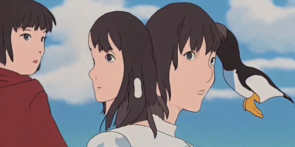 Image similar to a girl with a penguin on her shoulder, still from a studio ghibli film