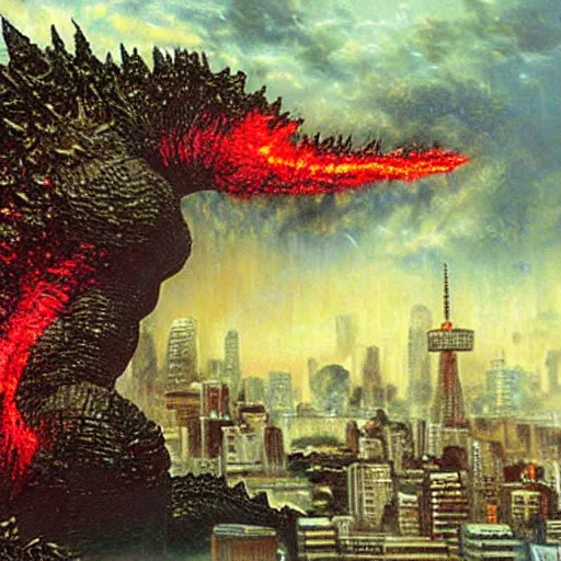 Prompt: Godzilla destroying Tokyo, Thomas Kincade