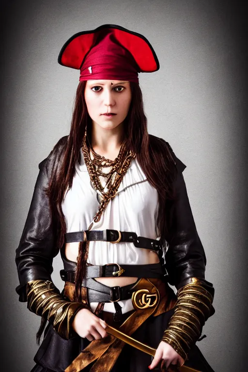 Image similar to medieval female pirate, designed by gucci, luxury materials, symmetrical, cinematic, elegant, professional studio light, real dlsr photography, sharp focus, 4 k, ultra hd, sense of awe, medieval high fashion