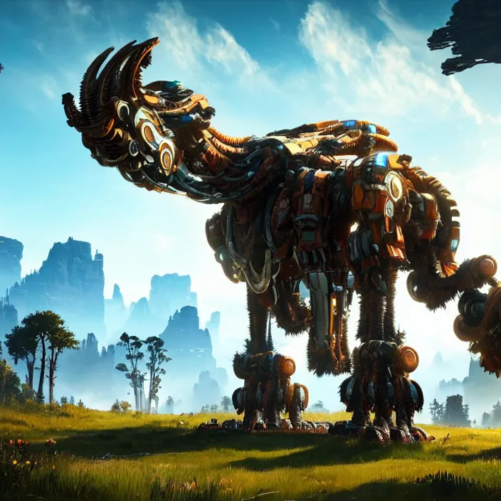 Image similar to photo of a robot mammoth in the style of horizon zero dawn, highly detailed, 4 k, hdr, smooth, sharp focus, high resolution, award - winning photo