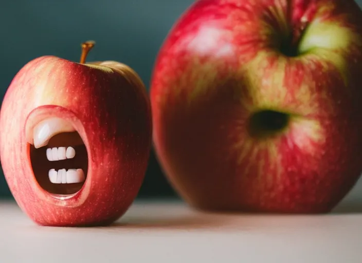 Prompt: photo still of an apple with human teeth, 8 k, studio lighting bright ambient lighting key light, 8 5 mm f 1. 8