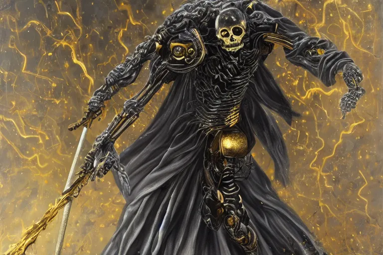 Image similar to Death itself with a scythe, dark God of artificial intelligence creating an artificial neural network with gold synapses on an anvil with his scythe, high resolution, award winning art, trending on art station, sharp image, incredibly detailed, detailed character, realistic painting, hyper-realistic painting, coherent painting, master piece by Kyozu Aroyama