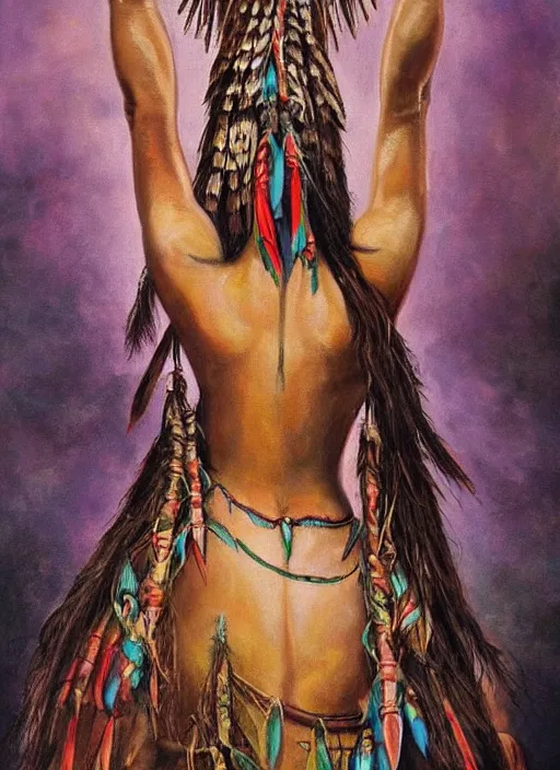 Image similar to a beautiful painting of an indigenous woman, holding up her arms to the sky, seen from behind, full body, matte painting, fantasy art, ayahuasca, highly detailed