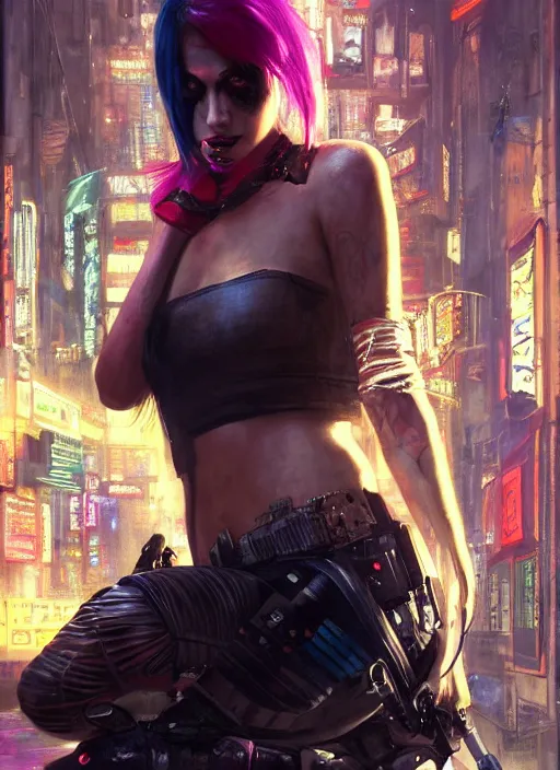 Prompt: Harley Quinn as a cyberpunk assassin in a cyberpunk stealth suit (blade runner 2049, cyberpunk 2077). Orientalist portrait by john william waterhouse and James Gurney and Theodore Ralli and Nasreddine Dinet, oil on canvas. Cinematic, hyper realism, realistic proportions, dramatic lighting, high detail 4k