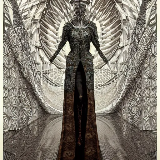 Image similar to portrait of tall, long-necked lipless mutant woman covered with elaborately patterned brown and white scales wearing gauze toga and standing in cyberpunk art deco mosque, alien bestiary by Barlowe, Greg Rutkowski, and Yoshitaka Amano