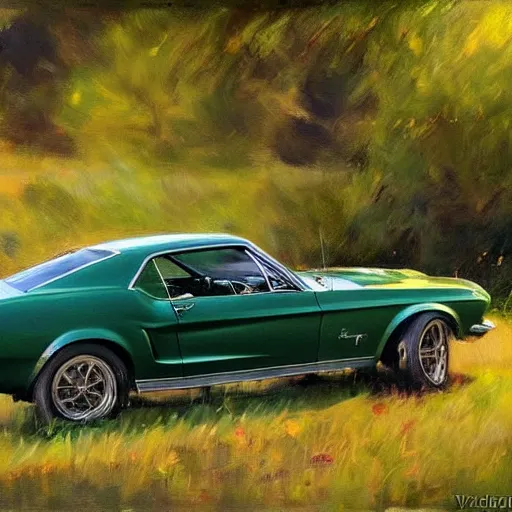 Prompt: green 1967 Ford Mustang GT, Swedish countryside, freedom, dawn, beautiful woman, atmospheric, painting by Vladimir Volegov