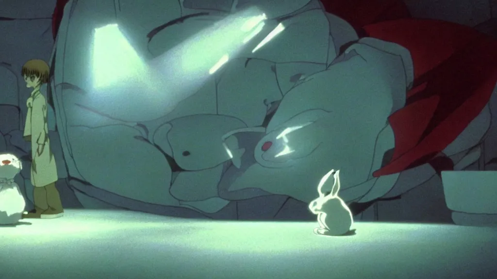 Image similar to a white rabbit waits in front of volumetric light, anime film still from the an anime directed by Katsuhiro Otomo with art direction by Salvador Dalí, wide lens