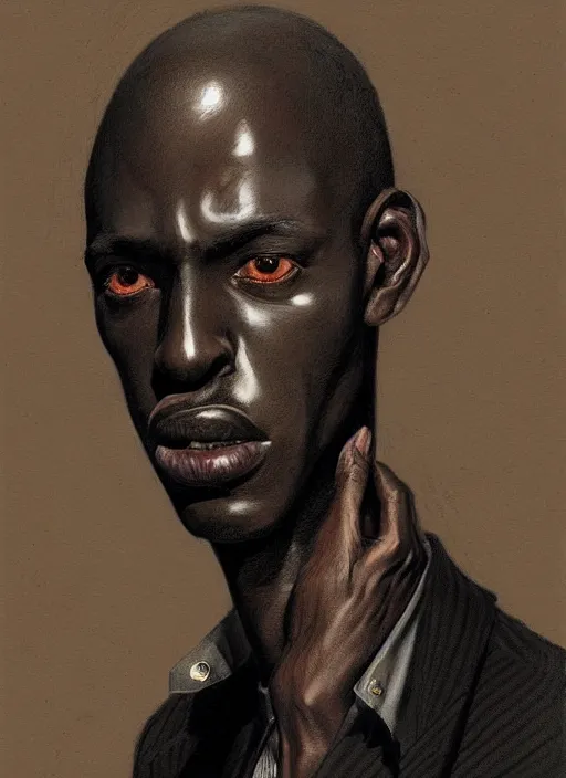 Image similar to portrait of a dark skinned man with a crooked nose and a confident expression, 1 9 6 0 s, black clothes, goth, punk, funk, intricate, elegant, highly detailed, digital painting, artstation, concept art, smooth, sharp focus, illustration, art by wlop, mars ravelo and greg rutkowski