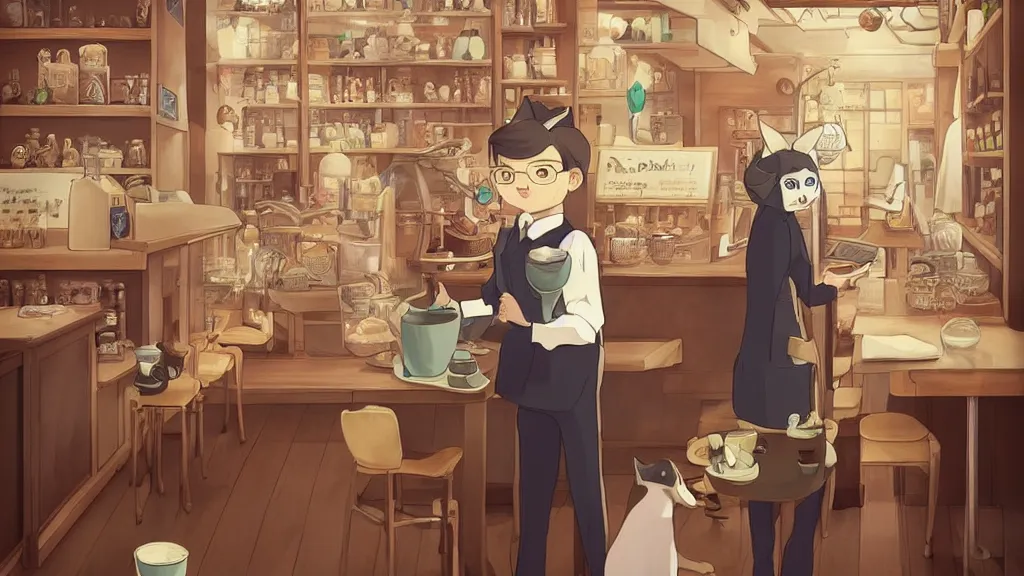 Image similar to a highly detailed portait of a cute little anthropomorphic cat barista wearing a suit in a coffee shop by studio ghibli, tiny, small, cute and adorable, pretty, beautiful, character art portrait, matte painting, Artstation