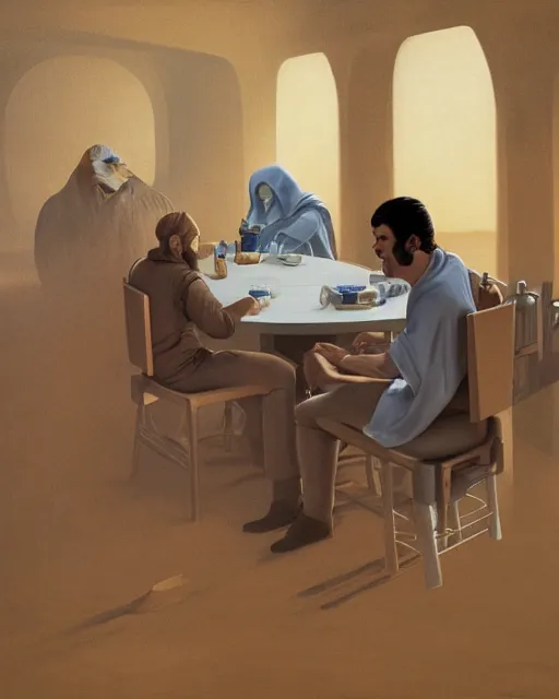 Image similar to rhett sarlin sitting at a table in a cantina on tatooine, portrait by ralph mcquarrie