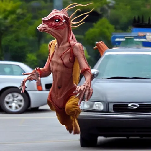 Image similar to Jar Jar Binks high on bath salts chasing down a car on the street