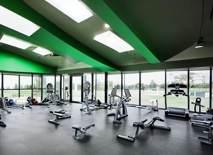 Image similar to photograph of a gym build on a bunker, cinematographic, sharp focus, elegant, green light