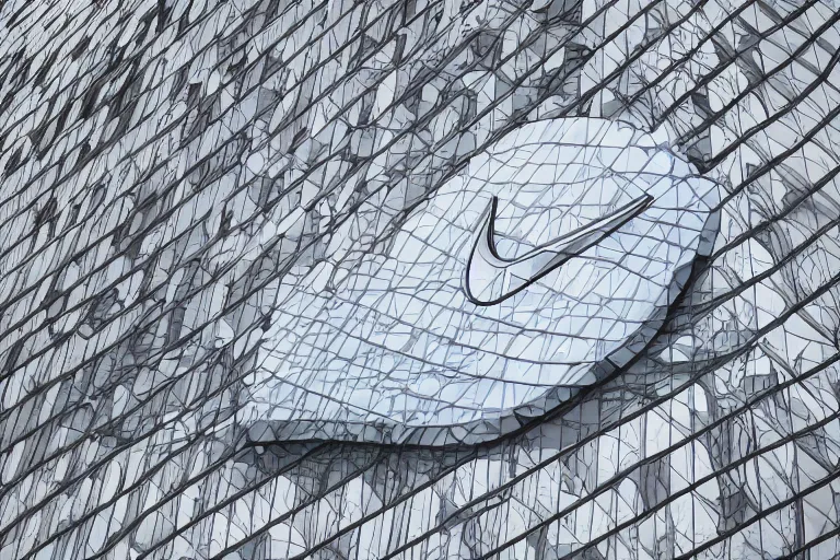 Prompt: big building in form of nike logo, hyper detailed, photo realistic