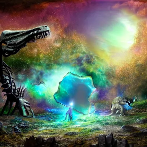 Prompt: a dinosaur skeleton on a quartz cracked geode, iridescent colors, fairy atmosphere, matte-painting