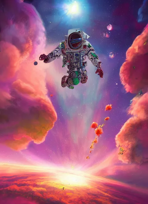 Image similar to An epic fantastic realism comic book style painting of the most beautiful flowers launched into space, bouquets, glorious galactic collision, sharp focus, fisheye, unreal 5, DAZ, hyperrealistic, octane render, dynamic lighting