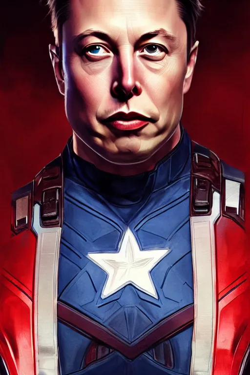 Image similar to elon musk as captain america, portrait, highly detailed, digital painting, artstation, concept art, smooth, sharp focus, illustration, cinematic lighting, art by artgerm and greg rutkowski and alphonse mucha