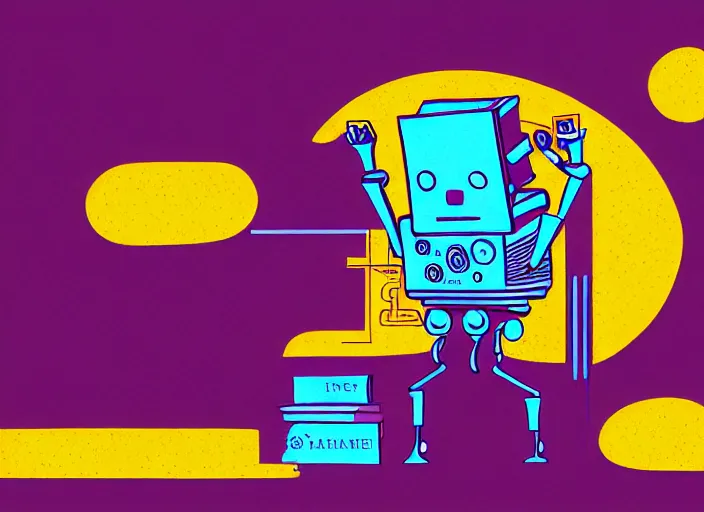 Prompt: professional illustration of the robot reading the book, violet color palette, sharp, 4K