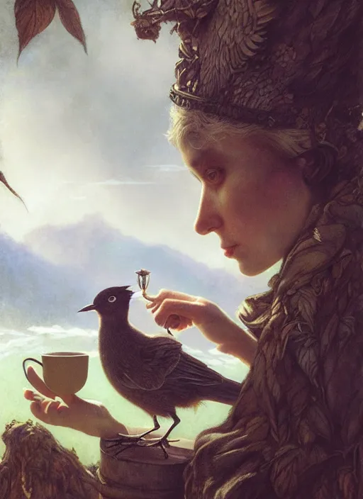 Image similar to a bird holds a cup of tea in its hands, hyperrealism, no blur, 4 k resolution, ultra detailed, style of tyler edlin, tom bagshaw, arthur rackham, ivan shishkin