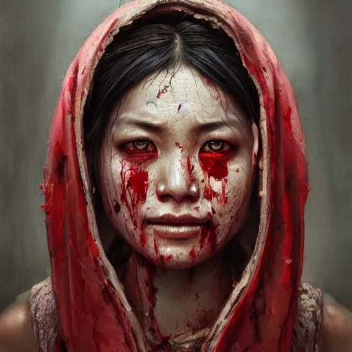 Image similar to portrait painting of a bloodied nepali female butcher, ultra realistic, concept art, intricate details, eerie, highly detailed, photorealistic, octane render, 8 k, unreal engine. art by artgerm and greg rutkowski and alphonse mucha