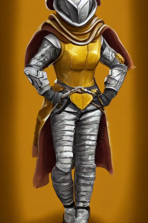 Prompt: female adventurer in tight full - body canary yellow gambeson leather armor of italian design with diamond pattern and brown leather accents and a closed armet helmet with visor down, trending in artstation, establishing shot