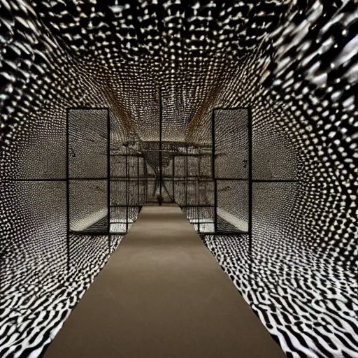 Image similar to infinity room with mirrors, sand, lightbulb, monster, scary, 4 k